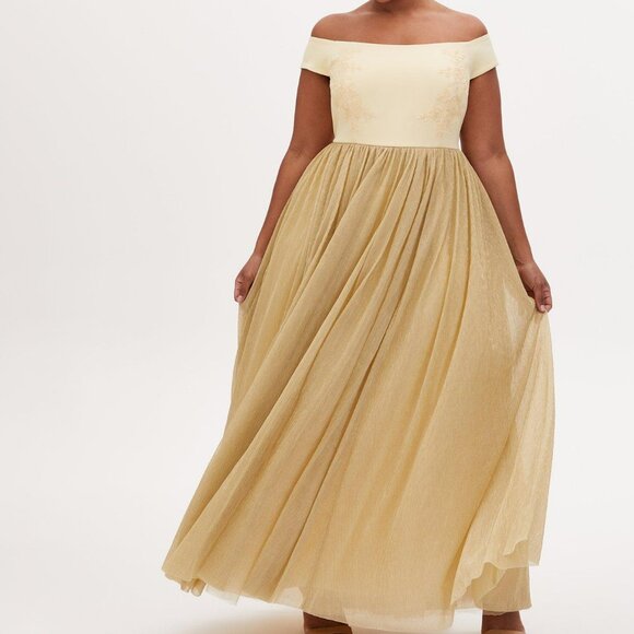 Belle Special Occasion Golden Yellow Off Shoulder Gown - Picture 1 of 12